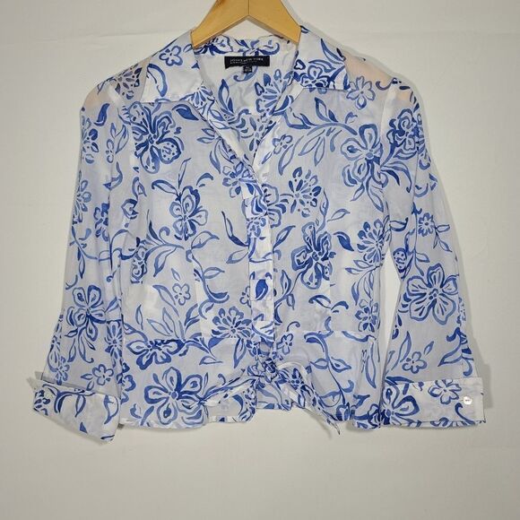Jones New York Blue and White Flora Button Shirt - Picture 2 of 10